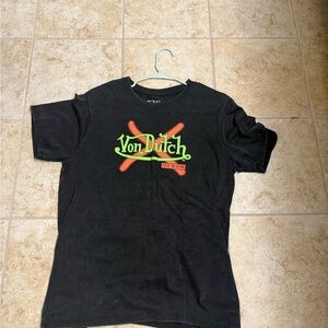 Von Dutch Black Tee with Neon Green and Orange Accents